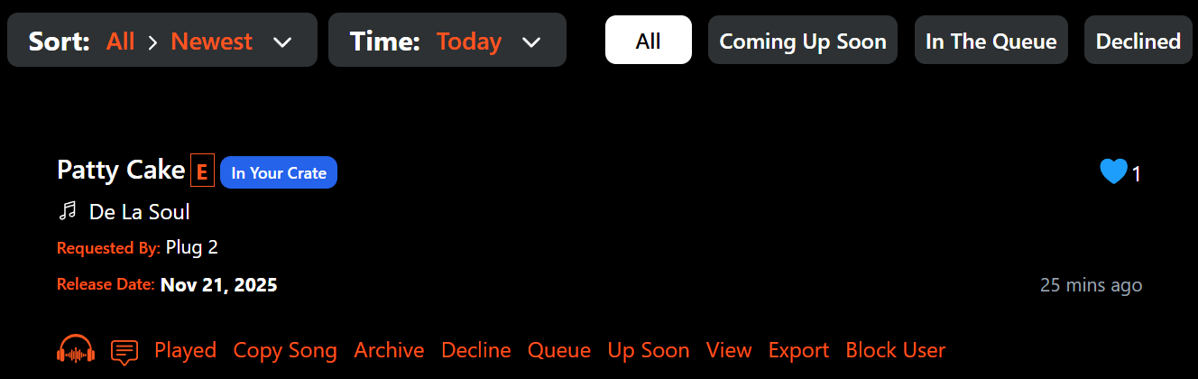Song request showing In Your Crate badge